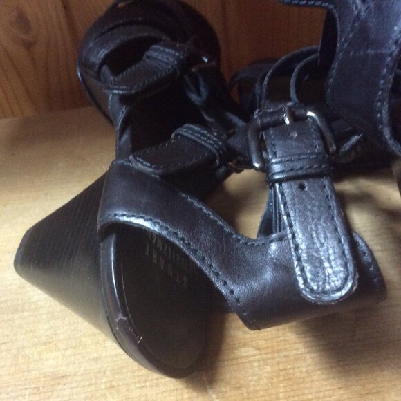 Stuart Weitzman Black Leather Triple Buckle Strappy Open Toe Rocker Heels Size 7 - Picture 6 of 8
